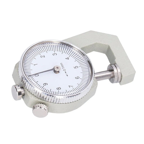 Round Dial Thickness Gauge 0 To 10mm With 0.01mm Resolution, Portable Spring Loaded Tester showing white face with increments