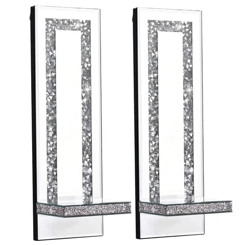 Fresh Beveled Silver Mirror Wall Candle Sconce Holder Set Of Two, set with crushed diamond base, 15 inch tall, MDF and mirror design.