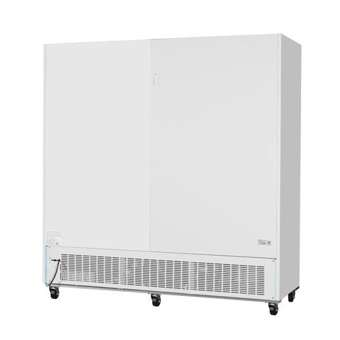 Heavy Duty Triple Glass Door Upright Freezer Merchandiser In Crisp White, 52 Cubic Feet, sleek design with bottom ventilation, ideal for retail.