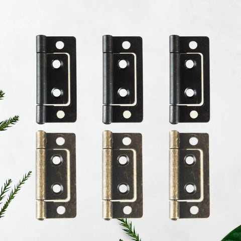 Six Pack Thickened Flat Door Hinges With Silent Operation in black and bronze shown in two rows on a white background