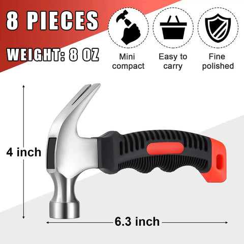 8 Piece Small Hammer Set 8 Oz Mini Claw Hammers For Kids And Adults, Lightweight DIY Hammer Kit, orange and black design