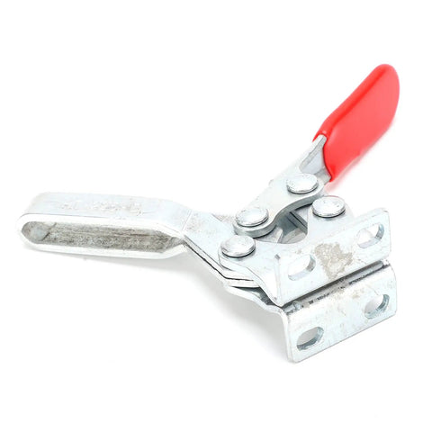 Horizontal Welding Toggle Clamp HT 225D, Cold Rolled Steel Plate With PVC Handle, 227 Kg Holding Capacity, Arrow Storage Case Hand Tool For Welding Assembly, Luggage Clamshell Locking, Built Tough And Easy To Use. side view with red PVC handle