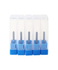 Front view: five 1/8 in solid carbide end mills with AlTiN coating in clear tubes with blue bases