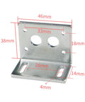 Metal bracket for 12V DC Gear Reduction Motor 370 Size With Right Angle Mount Base And Bracket, mounting dimensions labeled