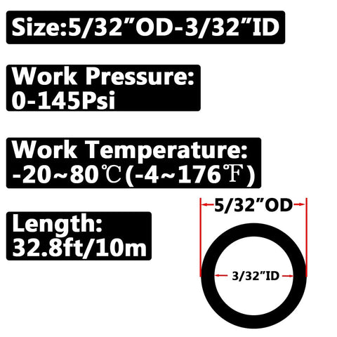 Heavy Duty Polyurethane Air Hose Five Thirty Second Inch OD Ten Meter Length Black For Air Lines And Water Transfer Handles 0 To 145 PSI diagram