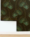 Elegant Poppy Metallic Blue Gold Wallpaper With Fibrous Texture top view showing floral design on dark background for wall decor.