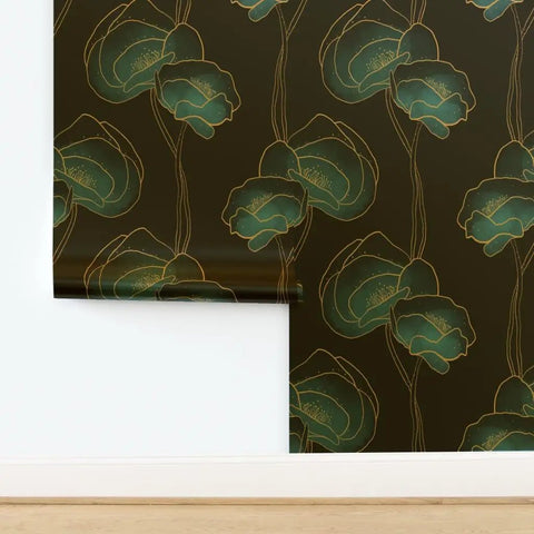 Elegant Poppy Metallic Blue Gold Wallpaper With Fibrous Texture top view showing floral design on dark background for wall decor.
