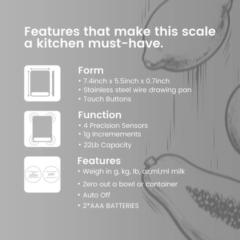 Features of Ultra Thin Food Scale With 22 Pound Capacity And One Gram Precision For Baking And Cooking Six Measurement Units
