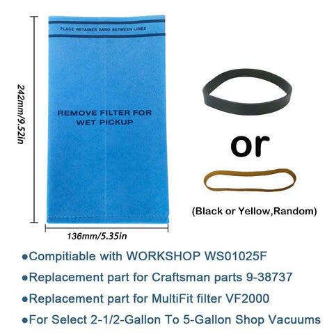 9 Pack Wet Dry Vacuum Filter Bags For Stinger 2.5 To 5 Gallon Shop Vacuums with blue bag and retaining band