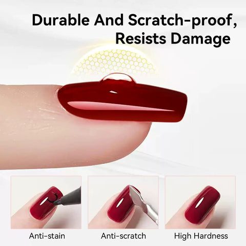No Wipe Gel Top Coat Clear 15Ml High Gloss Scratch Resistant shield shown on manicured finger with red polish finish.