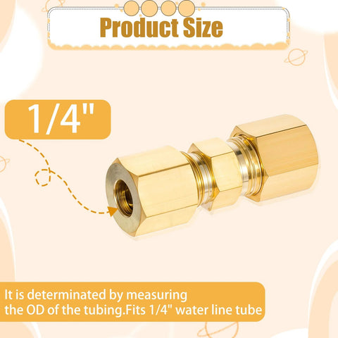 Brass 1/4-inch compression tube fittings, side view, 2 pcs for refrigerator water line connector