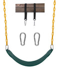 Heavy Duty Swing Seat With 66 Inch Chains For Outdoor Playground Use Includes Snap Hooks And Hanging Straps Supports Up To 440 Lb In Green Durable Weather Resistant Hardware Fits Backyard Setups showing green seat, yellow chains, and hardware.