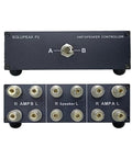 Front and back view of a 2 In 1 Out Amp And Speaker Switcher For Dual Amps Or Dual Speakers, showing connectors and selector switch.