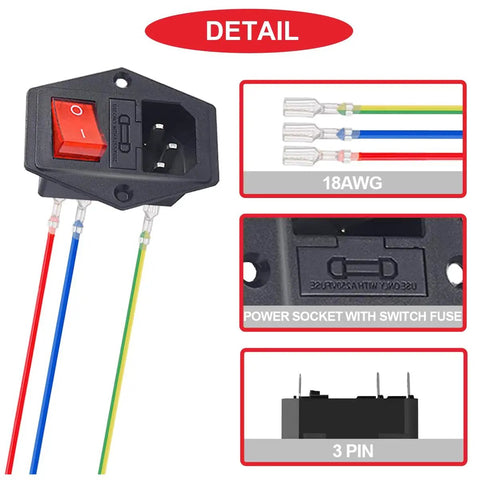 Heavy Duty 3 Pin IEC320 C14 Power Inlet Module With Rocker Switch 10A 250V Rating, showing socket, screws, and 18 AWG cords