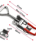 100 Piece Beefy Heavy Duty Adjustable 304 Stainless Steel Toggle Clamps Kit detail showing dimensions and quick release latch