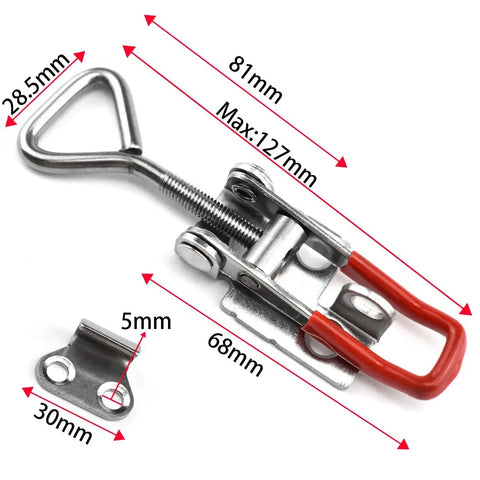100 Piece Beefy Heavy Duty Adjustable 304 Stainless Steel Toggle Clamps Kit detail showing dimensions and quick release latch