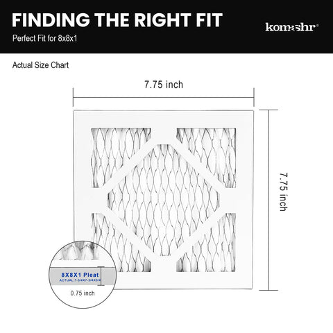 Diagram showing dimensions of 4 Pack 8x8x1 Air Filter MERV 8 For HVAC Furnace And AC Replacement, Dust Defense, actual size 7.75x7.75x0.75
