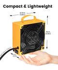 Upgraded Portable Solder Fume Extractor With Removable Magnetic Flaps, compact and lightweight design, hand for scale.