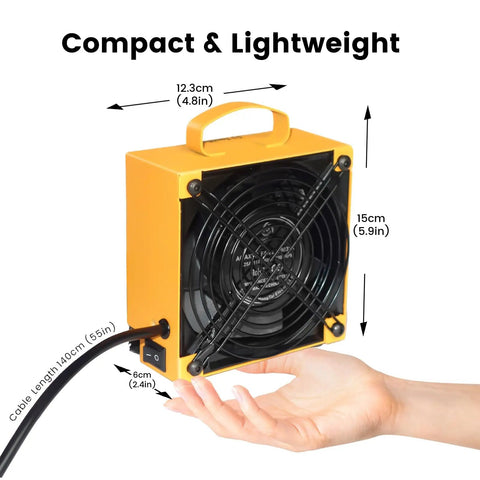 Upgraded Portable Solder Fume Extractor With Removable Magnetic Flaps, compact and lightweight design, hand for scale.