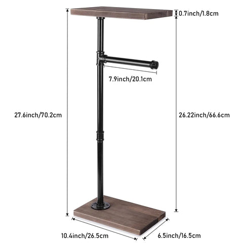 Dark Brown Toilet Paper Holder Stand For Bathroom, Sturdy Floor Or Counter Mount, dimensions displayed, rustic design