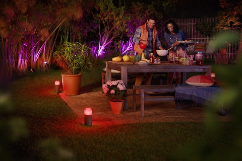 Outdoor dinner scene lit by Calla White And Color Ambiance Outdoor Pathway Light Base Kit With Power Supply, smart home lighting