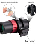 Close-up of Mini Guide Scope 30mm F4 Finder with brass ring, nylon thumbscrews, and 1/4 thread mount for auto guiding cameras.