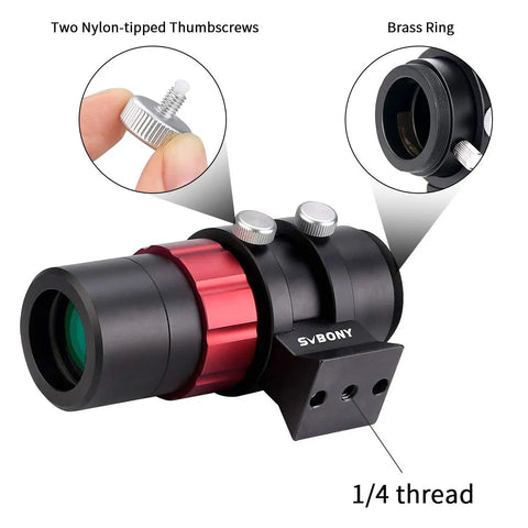 Close-up of Mini Guide Scope 30mm F4 Finder with brass ring, nylon thumbscrews, and 1/4 thread mount for auto guiding cameras.