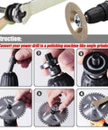 Instructions for drill to angle grinder adapter set with 6mm and 10mm arbors, mandrel adapter, flange nuts, and spanner wrench.
