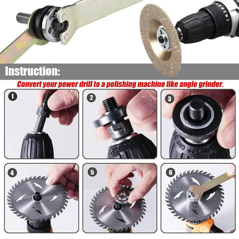 Instructions for drill to angle grinder adapter set with 6mm and 10mm arbors, mandrel adapter, flange nuts, and spanner wrench.