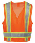 Step Up Your Job Site Game With This Heavy Duty High Visibility Surveyor Safety Vest Packing Two Tone Reflective Tape, Smooth Full Zipper, Ansi Class 2 Type R Certified Build, And Baggy Fit Utility Pockets In 2Xl Or 3Xl Fits. Mesh back view of bright orange vest with reflective tape.