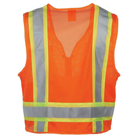 Step Up Your Job Site Game With This Heavy Duty High Visibility Surveyor Safety Vest Packing Two Tone Reflective Tape, Smooth Full Zipper, Ansi Class 2 Type R Certified Build, And Baggy Fit Utility Pockets In 2Xl Or 3Xl Fits. Mesh back view of bright orange vest with reflective tape.