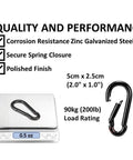Heavy Duty Bushcraft Carabiner Snap Hooks In Black And Silver Zinc Finish, 90kg 200lb Load, 5cm Quick Connect Gate on scale