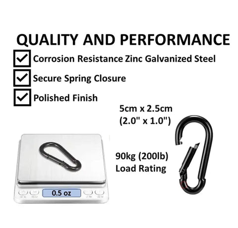 Heavy Duty Bushcraft Carabiner Snap Hooks In Black And Silver Zinc Finish, 90kg 200lb Load, 5cm Quick Connect Gate on scale