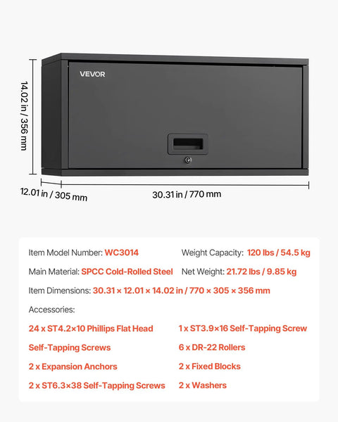 Space Saving Metal Wall Cabinet With Up Flip Door About Thirty Inches Wide Twelve Inches Deep And Fourteen Inches High Heavy Duty Rail Mount Floating Garage Storage 120 Lb Per Shelf For Garage Basement Kitchen Or Warehouse in black with accessories listed below.