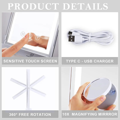 Vanity Tri Fold Makeup Mirror With 3 Lighting Modes Dimmable Smart Touch Control 10X Magnification 180 Degree Rotation details