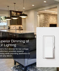 Diva Electronic Low Voltage Dimmer Not For LED 300W Incandescent Or 120W Halogen In 3 Way Or Single Pole Setup Brown Finish ELV Compatible Model DVELV 303P BR, shown in a modern kitchen setting with integrated lighting controls.