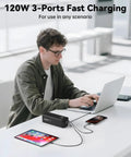 Person using 27000mAh 120W Fast Charging Power Bank With 3 Ports And Smart Display, charging laptop and phone simultaneously.
