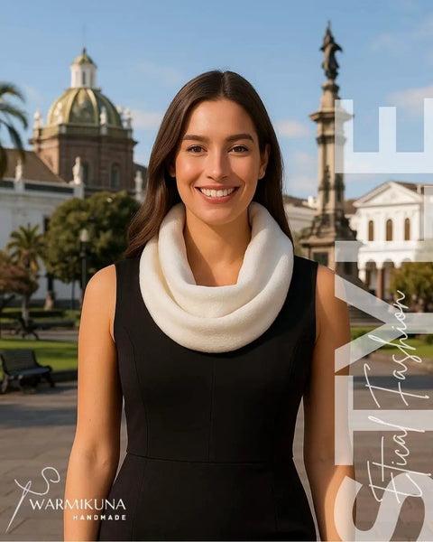 Woman wearing Ultra Cozy Winter Cashmere Infinity Scarf In Beige, Plush Soft Knit Wrap For Cold Weather, Premium Quality