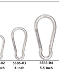 Size comparison chart featuring Heavy Duty 3.1 Inch Stainless Steel Carabiner Clips Set of 4 with a smartphone for scale.