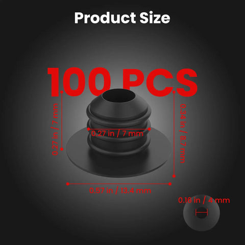 Close-up of 100 Pack Pegboard Hook Locks Stoppers for One Quarter Inch Peg Boards, silicone rubber material, black color.