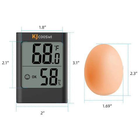 Two Pack Indoor Digital Humidity Gauge And Thermometer For Home Use Handy Hygrometer next to an egg for size comparison