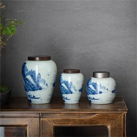 Ceramic Airtight Tea Canister With Heavy Duty Wooden Lid For Loose Leaf Stashing And Coffee Bean Storage Artisan Handpainted Kitchen Jar set