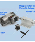 Pro Level Cnc Rotary Table Fourth Axis Rig Equipped With Nema23 Motor And Driver Plus 100Mm Four Jaw Chuck And 65Mm Mt2 Tailstock with components visible.