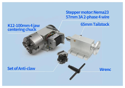 Pro Level Cnc Rotary Table Fourth Axis Rig Equipped With Nema23 Motor And Driver Plus 100Mm Four Jaw Chuck And 65Mm Mt2 Tailstock with components visible.