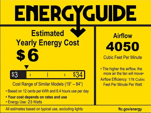 Energy Guide label showing estimated yearly energy cost of $6 and airflow of 4050 CFM for ceiling fan efficiency.