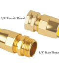 Close-up of gold aluminum connectors with 3/4 inch male and female thread for Two Pack 5/8 Inch Garden Hose Repair Kit With Aluminum Alloy Connectors Male And Female End Menders Rubber Washers Included Durable Quick Patch Fittings For End Coupler Replacement On Outdoor Water Hoses