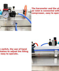 Automatic Liquid Filling And Packaging Sealer With Horizontal Mixing Hopper Handles 10 To 100 ML Loads For Sauces And Drinks Built Tough Stainless Steel Frame showing barometer and air inlet.