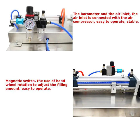 Automatic Liquid Filling And Packaging Sealer With Horizontal Mixing Hopper Handles 10 To 100 ML Loads For Sauces And Drinks Built Tough Stainless Steel Frame showing barometer and air inlet.