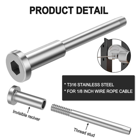 Heavy Duty 40 Pack 1/8 Invisible Cable Railing Kit T316 Stainless Steel Hardware for Solid Outdoor Deck Framing with detail on receiver and stud