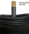 Close-up of Heavy Duty 20x4.0 Fat Bike Inner Tube with 32mm Schrader Valve, coiled tube ready for mountain bike use.
